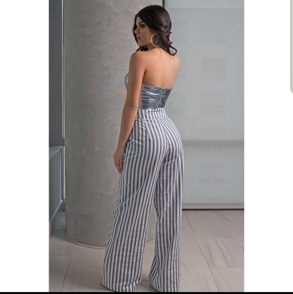 Blue White stripe high waist wideleg trousers L - Picture 4 of 7